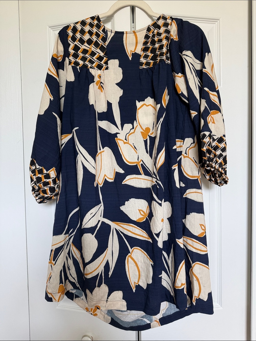 Umgee Navy Floral Babydoll Dress with Cream and Mustard Accents